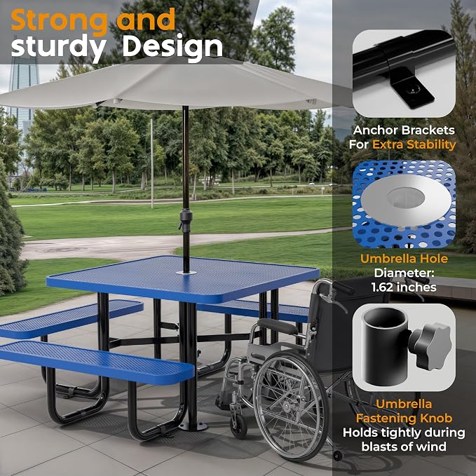 Metal Picnic Tables for Outdoors with Umbrella Hole - Coated Steel Heavy Duty Commercial Grade Furniture (Blue, 46 in, Square, Punched Steel)