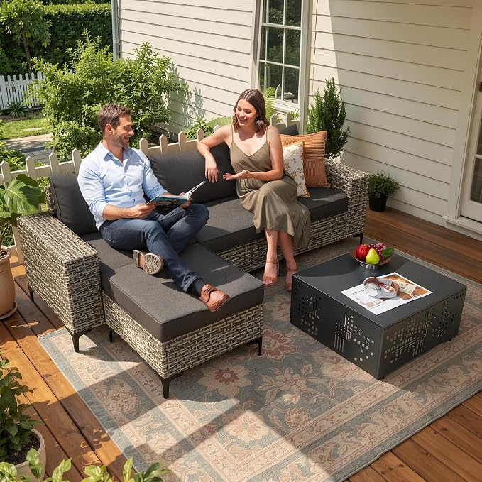 CAODOC 5-Piece Patio Furniture Set with L-Shape Sofa Chaise, Outdoor Sectional Couch Solar Table, Modern Modular Wicker Rattan Conversation Set