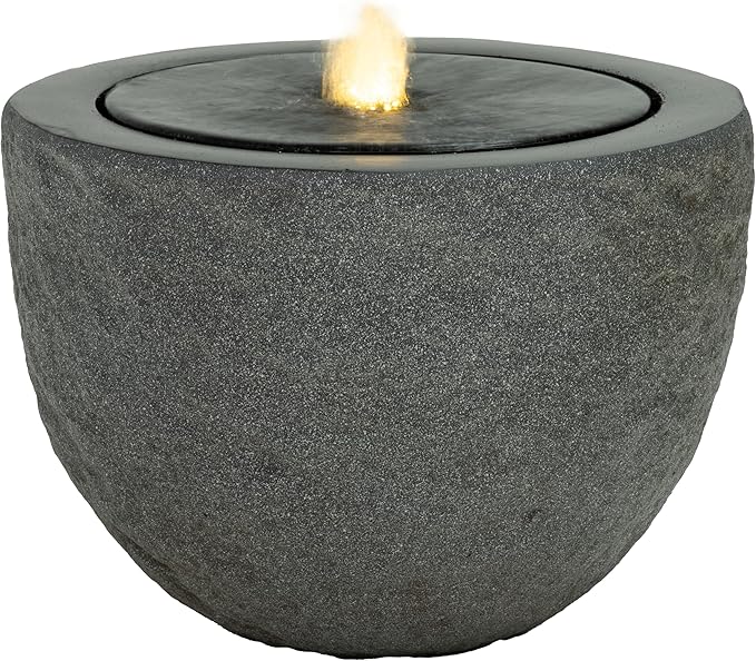 Sunnydaze Outdoor Water Fountain with LED Light - Polystone Oval Bowl Bubbler Water Feature with Pump - 12" H - for Patio, Garden, Deck, Relaxation and Stress Relief - Gray