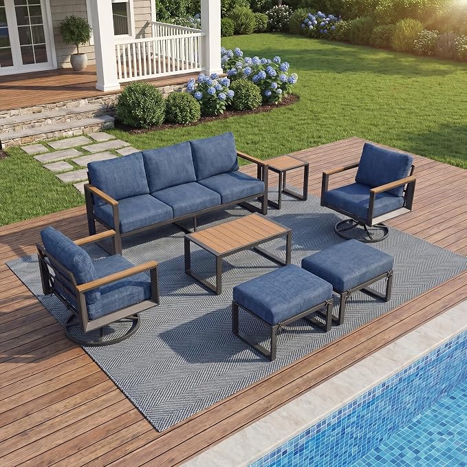 Aluminum Outdoor Patio Furniture Set 7 Pieces, 2 Swivel Rocking Chairs, 3-Seater Bench, 2 Ottomans, Coffee Table & Side Table, Patio Sectional Conversation Furniture Set with Thick Cushions