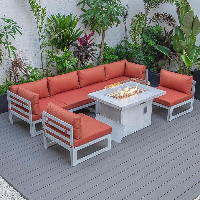 LeisureMod 7-Piece Outdoor Patio Conversation Set in Weathered Grey Aluminum with 44" Propane Fire Pit Table & Cushions, Orange