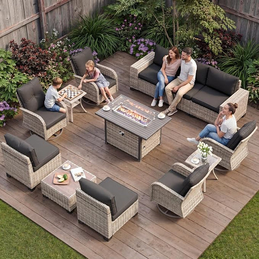 13-Piece Outdoor Patio Furniture Set with Rocking Swivel Chair, PE Wicker Rattan Sectional Sofa Patio Conversation Set with 55,000 BTU Fire Pit Table & Coffee Table, Dark Grey