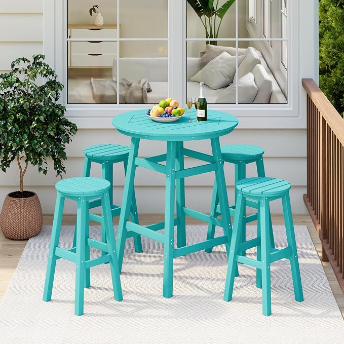 Costaelm Patio Bistro Table, 42" Counter Height Round Patio Cocktail Bar Table with Umbrella Hole, Outdoor Bistro Dining Pub Table for Front Porch Deck Backyard Garden, Turquoise