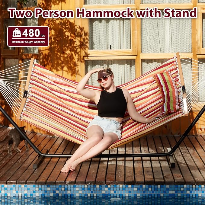Homgava Two Person Hammock with Stand for Outside Heavy Duty, Outdoor Patio Hammock with Portable Steel Stand, Large Double Hammocks,480lbs Capacity.(Red)
