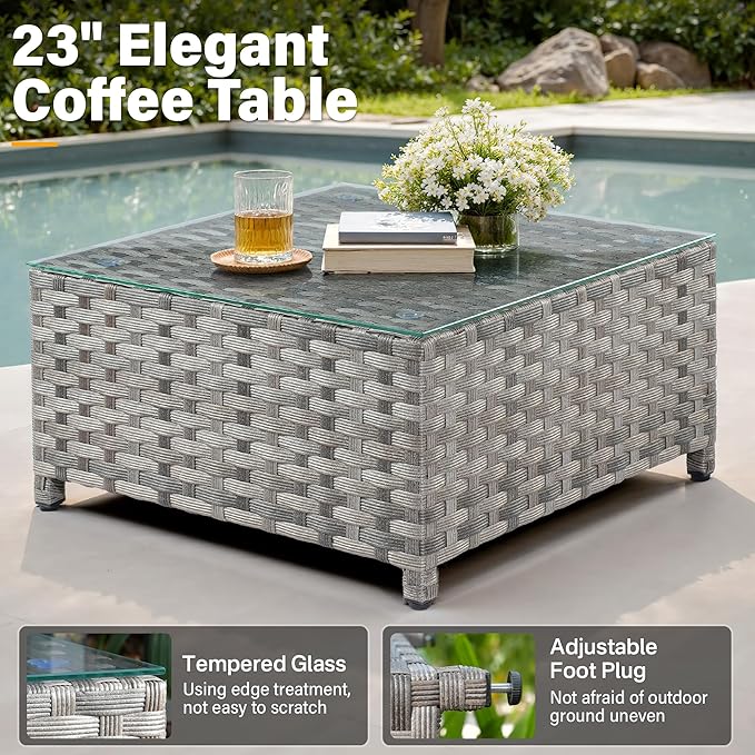 Fully Assembled & Spacious 9-Pc Outdoor Sofa Set, Patio Rattan Conversation Group with Rocking Chair and Tea Table