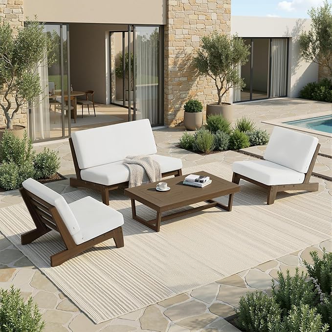 UIXE 5 Pieces Wood Patio Furniture Sets, 2 Patio Loveseat, 2 Patio Bistro Chair, All Weather Outdoor Sectional Sofa Furniture Backyard Conversation Set with Coffee Table - Beige