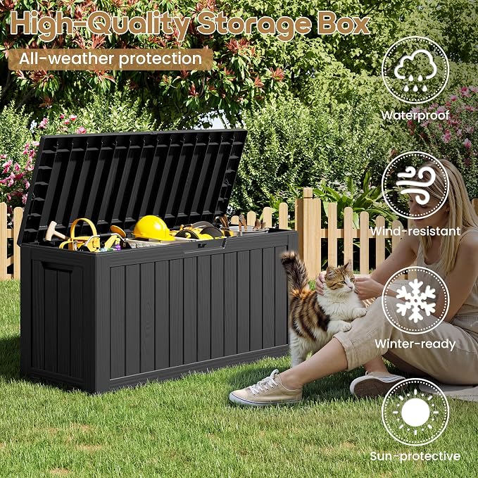 Bifanuo Weatherproof Outdoor Deck Storage Box with Wheels, Lockable Resin Patio Storage Container, Wood Grain Waterproof UV-Proof Garden Poolside Storage Chest