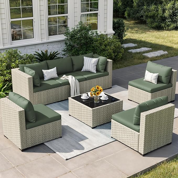 Patio Furniture Set, 7-Piece Outdoor Sectional All-Weather Wicker Patio Conversation Set for Backyard (Green Cushions with Grey Rattan)