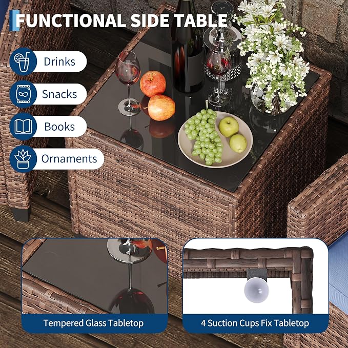 GarveeTech 3-Piece Outdoor Patio Furniture Set, PE Rattan Wicker Chairs with Tempered Glass Side Table & Washable Cushions, All-Weather Conversation Set for Porch, Deck, Balcony or Garden (Brown/Blue)