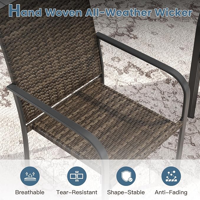 DIFY 7 Piece Outdoor Dining Set for 6, 47.2" Walnut Round Metal Dining Table with Umbrella Hole and Stackable Wicker Patio Chairs, All-Weather Patio Table and Chairs Set for Deck Garden Backyard