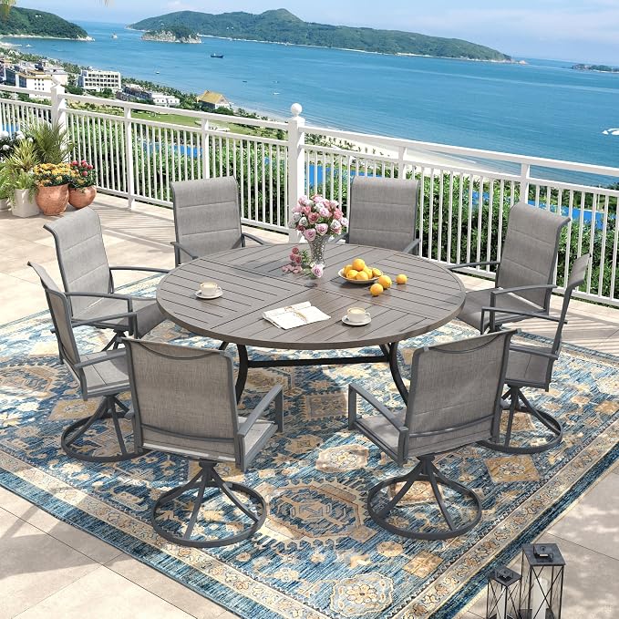 Outdoor Dining Set for 8, 60.1" Outdoor Dining Table with Umbrella Hole and Padded Textilene Patio Swivel Chairs, 9 Pieces Patio Table and Chairs Set for Garden Backyard, Grey