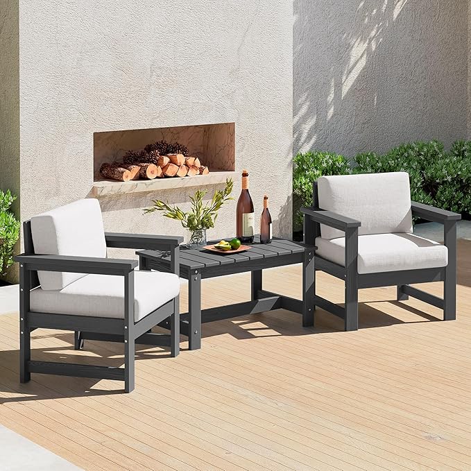 SERWALL 3 Pieces HDPE Outdoor Sofa Bistro Set with Cushions, Outdoor Furniture Sofa Sets with Coffee Table and Cushions, All Weather Conversation Social Set, Grey Frame with Khaki Cushion