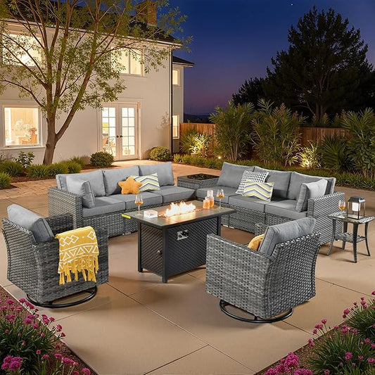 11 PCS Outdoor Patio Furniture Sets with 42'' Fire Pit Table,Wicker Weather Resistant Patio Conversation Set with 2 Wicker Rocking Chair,Modular L Shaped Sofa with Coffee Table for Yard,Dark Grey