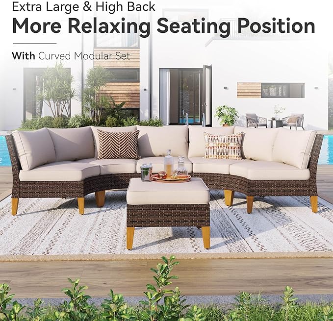GREEN PARTY 8 Pieces Wicker Patio Furniture Set with 56" Fire Pit Table, All-Weather Outdoor Rattan Patio Half-Moon Curved Sectional Sofa Conversation Set for Garden, Backyard