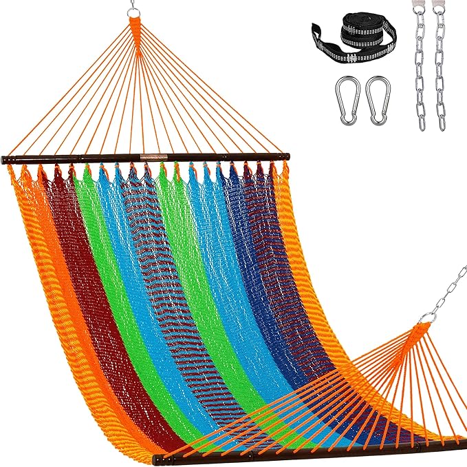 Lazy Daze Hammocks 13 FT Extra Large 2+ Person Caribbean Rope Hammock, Hand Woven Polyester XL Hammock with Spreader Bars, for Outside Outdoor Backyard Patio Poolside, 500 LBS Capacity, Multicolor