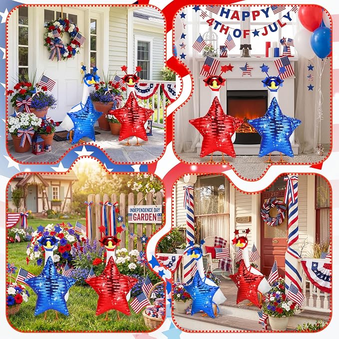 Abbylike 2 Set 4th of July Porch Goose Outfit 250th Red Blue Disco Sequin Star Yard Goose Costume Clothes Fits Large 23'' Cement for Independence Day American Patriotic Statue Patio Garden Art Decor
