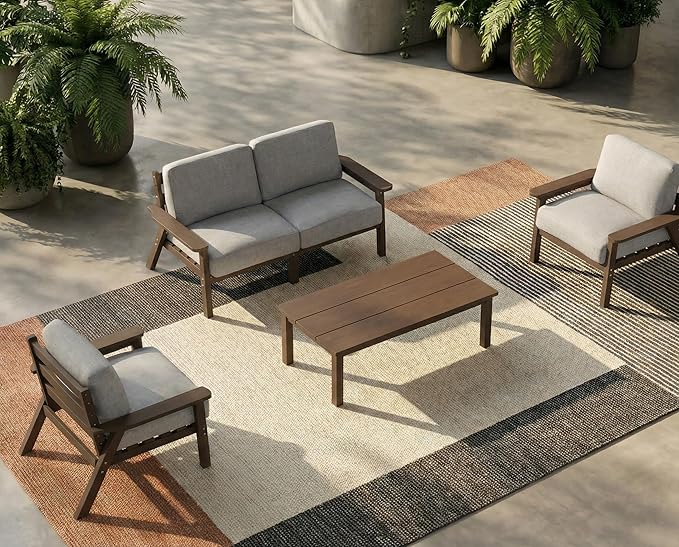 HDPE 5 Piece Patio Furniture Set, Outdoor Sectional Furniture with Grey Washable Thick Cushions & Coffee Table, Patio Conversation Sets for Garden, Porch, Balcony, Deck (Brown Frame)