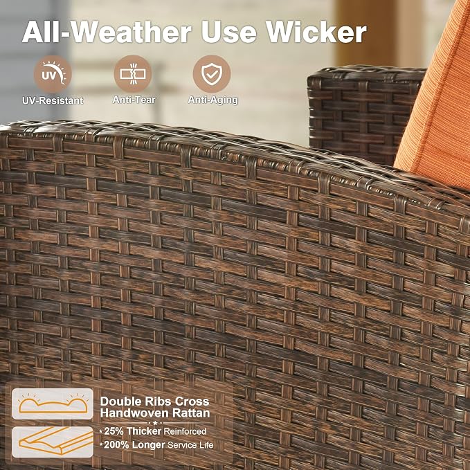ovios 7 Pieces Patio Furniture Set, Outdoor Wicker Sofa Couch with 54" Fire Pit Table Comfy Cushions, All Weather Brown Rattan Conversation Set for Backyard Deck, Orange Red