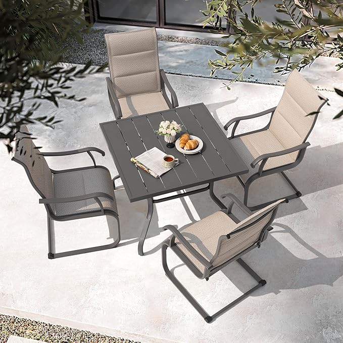 NUU GARDEN 5-Piece Outdoor Patio Dining Set - 4 Textilene Dining Chairs & 37" Table with Umbrella Hole, Weather-Resistant Furniture for Yard Porch Poolside Garden, Beige