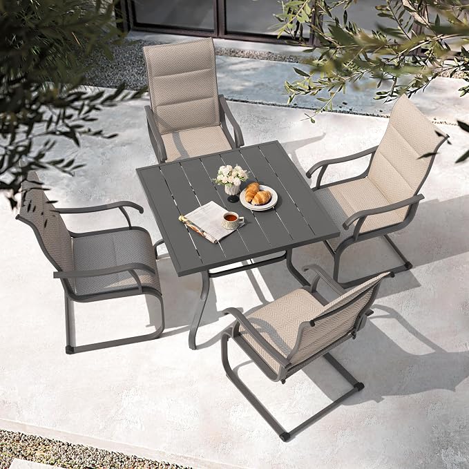 NUU GARDEN 5 Piece Outdoor Patio Dining Set, 37" Table with Umbrella Hole and 4 Textilene Dining Chairs, Patio Furniture for Porch Poolside Garden, Beige