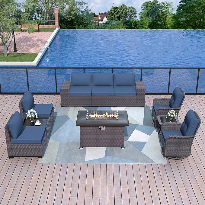 Patio Sofa Set 10-Pieces PE Rattan Swivel Rocking Chairs Outdoor Furniture Set w/43in Gas Fire Pit Table, Navy Blue
