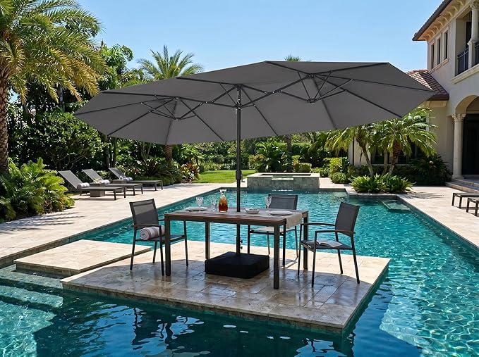 PURPLE LEAF 15ft Patio Market Umbrella with Base Double-Sided Rectangle Outdoor Table Sun Umbrellas with Crank 12 Heavy Duty Sturdy Ribs for Pool Beach Deck Backyard Light Gray
