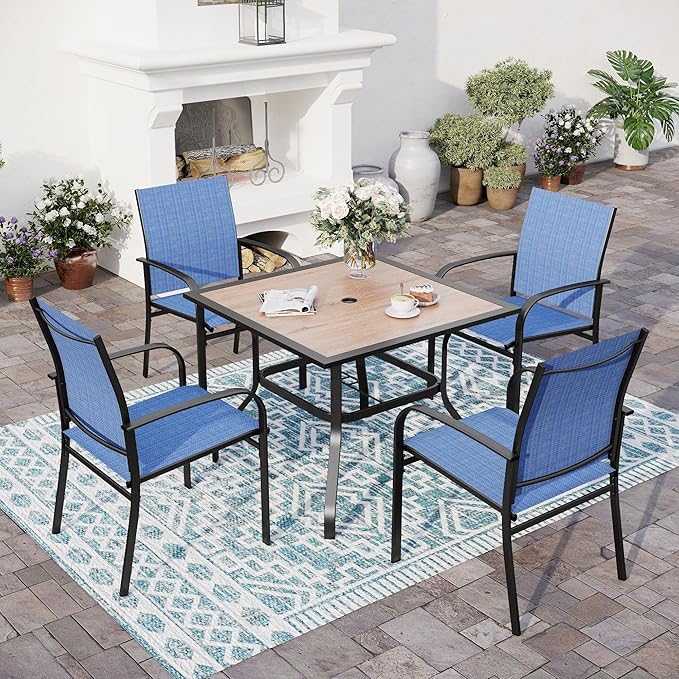 SUNSHINE VALLEY 5 Piece Patio Dining Set for 4, 37”x37” Square Table (PVC Wood-Like Table Top) with 1.57" Umbrella Hole, 4 Metal Blue Chairs, Outdoor Table and Chairs Set for Lawn Backyard and Deck