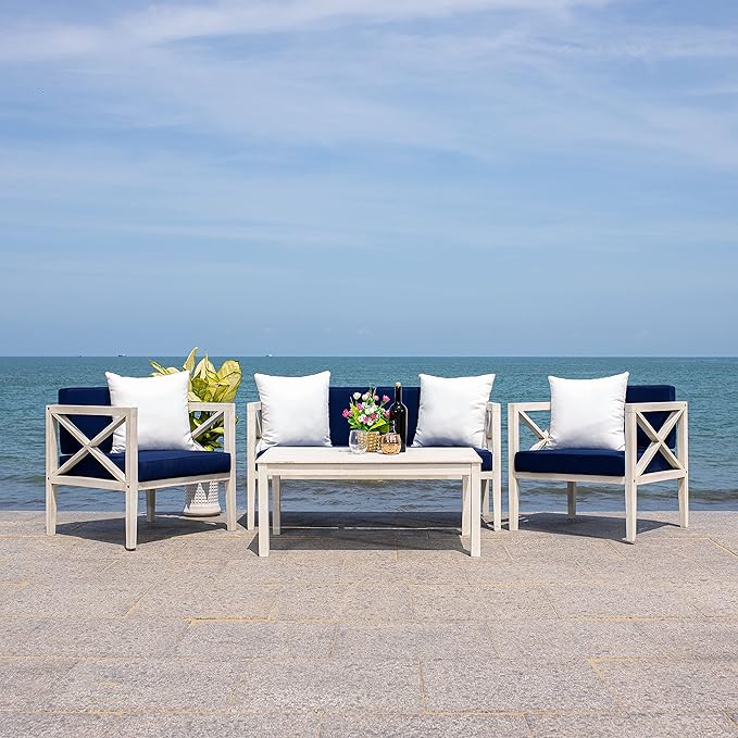 Safavieh PAT7031A Collection Nunzio Teak and White and Navy 4 Pc Accent Pillows Outdoor Set