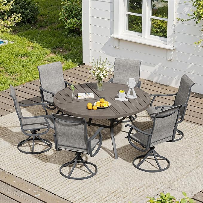 VICLLAX 7 Pieces Patio Dining Set, Patio Furniture Set of 6 Patio Swivel Dining Chairs and 50" Patio Spliced Round Tabletop, Grey Chairs & Antique Grey Tabletop