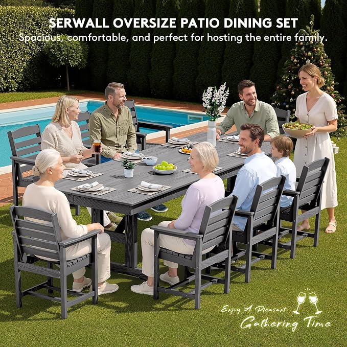 SERWALL 10 Piece Outdoor Dining Set with 15ft Triple-Head Foldable Umbrella(Based not Included), 84" HDPE Outdoor Table and Chairs for 8, Gray