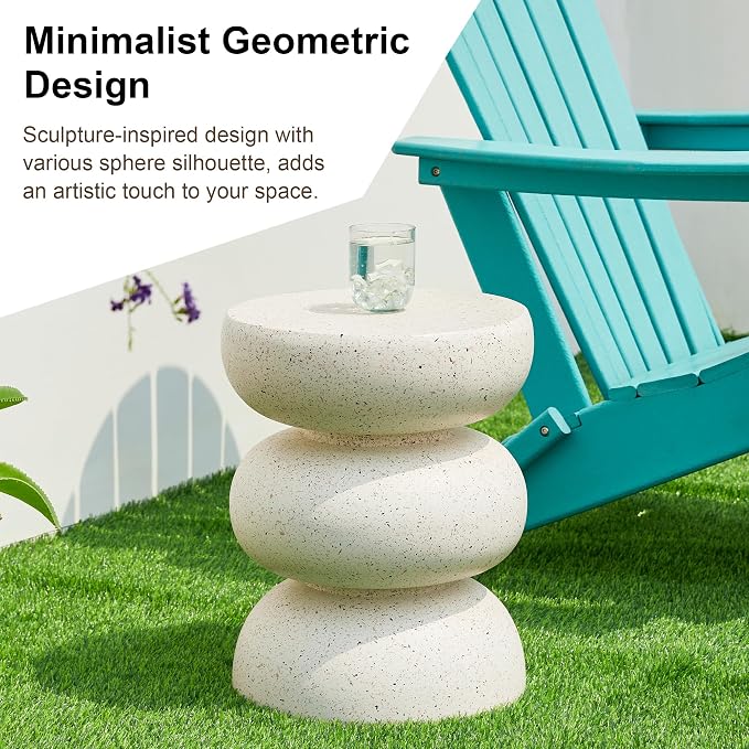 Glitzhome Outdoor Side Table, Round Small End Table with White Geometric Terrazzo Finish MGO Hourglass Garden Stool, Set of 2 Decorative Accent Table for Living Room Planter Stand Backyard Patio Porch