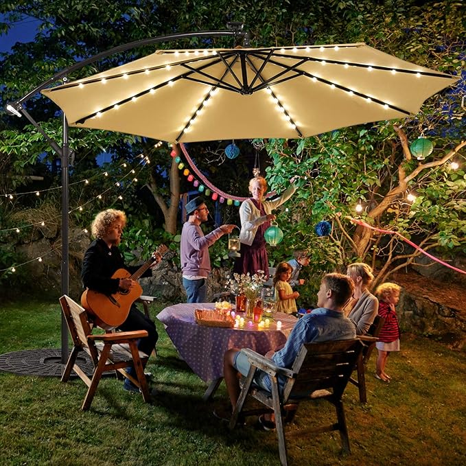 Tangkula 10 Ft Patio Offset Umbrella, 40 LED Lighted Market Umbrella W/8 Sturdy Ribs, Easy Tilt Adjustment & Crank, Polyester Shade, Ideal for Backyard, Garden, Seaside, Store, Pool (Beige)