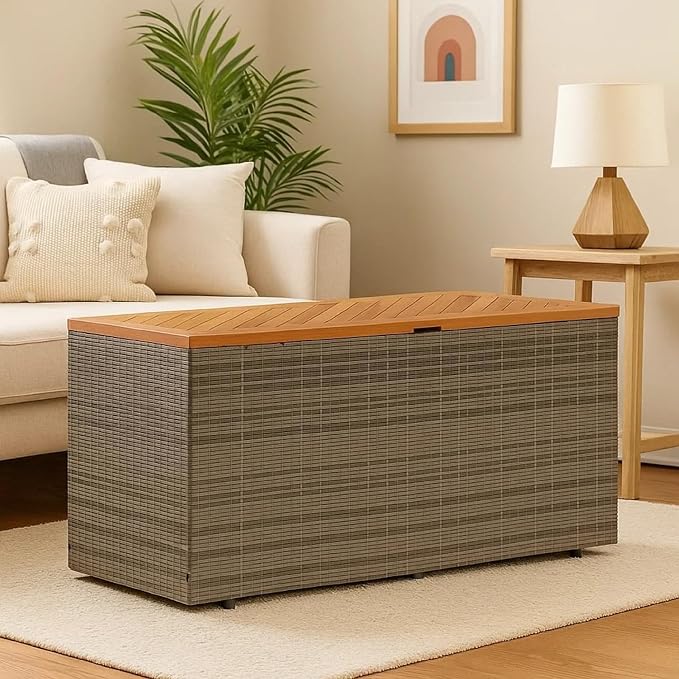 Benzara Gia Outdoor Garden Storage Box, Brown Wood Lid, Gray, 43 Inch