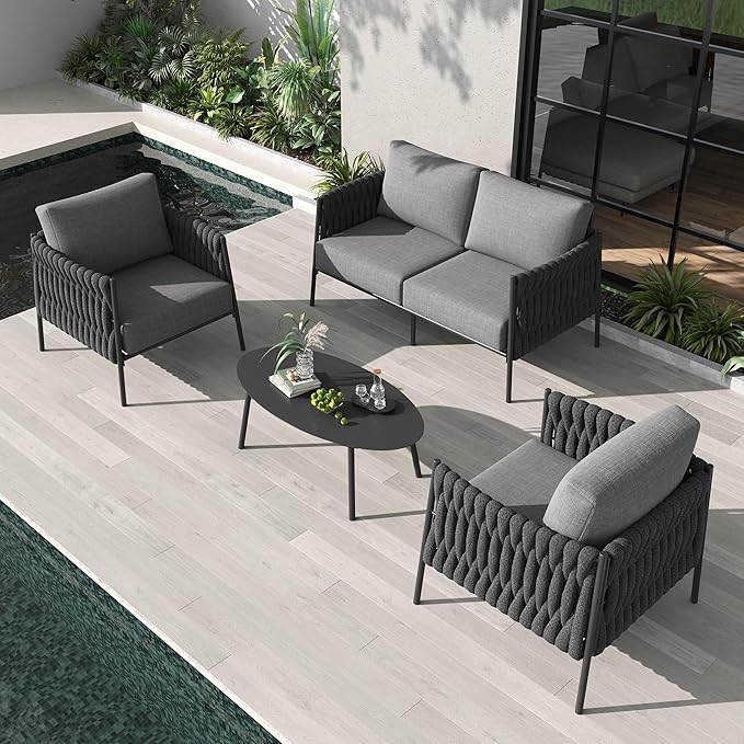 LayinSun 4 Piece Outdoor Furniture Set with Coffee Table, Modern Rope Woven Patio Conversation Sofa Set with Olefin Braid and Deep Seating
