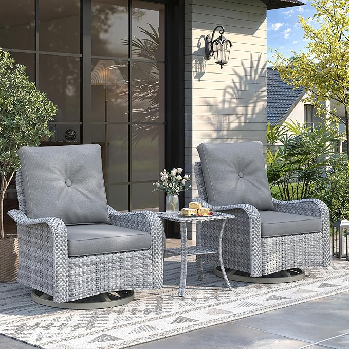 3 Piece Wicker Patio Furniture Set, Swivel Rocking Chairs with 4''Cushions, PE Rattan, Rust Resistant Frame, Double Layer Glass Side Table, for Backyard, Deck or Balcony, Grey