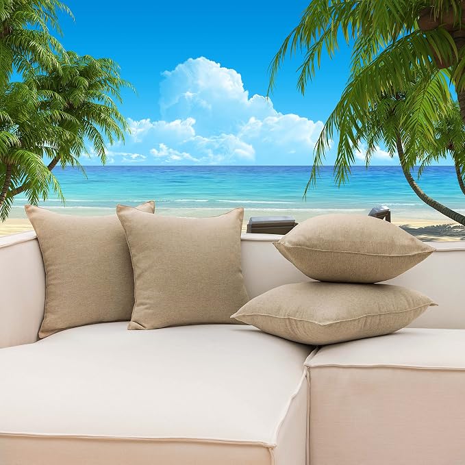 Home Brilliant Patio Pillows Outdoor Waterproof Set of 4 Throw Pillow Covers, 16x16 inch, 40x40 cm, Pack of 4, Linen