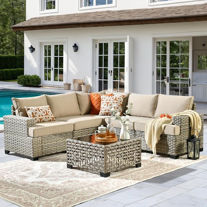 6 Pcs Outdoor Sectional Patio Furniture Set - All Weather Wicker Modular L Shaped Outside Sectional Sofa Couch,Patio Seating Outdoor Conversation Sets for Deck Yard Garden,Beige