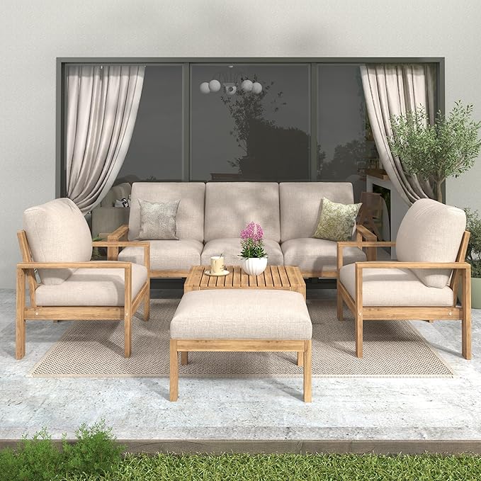 Christopher Knight Home Kayahs 5 Pieces Acacia Wood Furniture Set, Patio Conversation Sofa Chat Set with Coffee Table and Ottoman, Outdoor Sectional Sofa Set for Backyard Balcony, Teak Finish+Beige