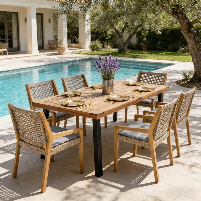 Christopher Knight Home Palin Wooden Patio Dining Set for 6, Acacia Wood Outdoor Dining Table Set for 6, 7 Piece Outdoor Dining Set with Rectangular Table and Armchair with Seat Cushion, Grey + Teak