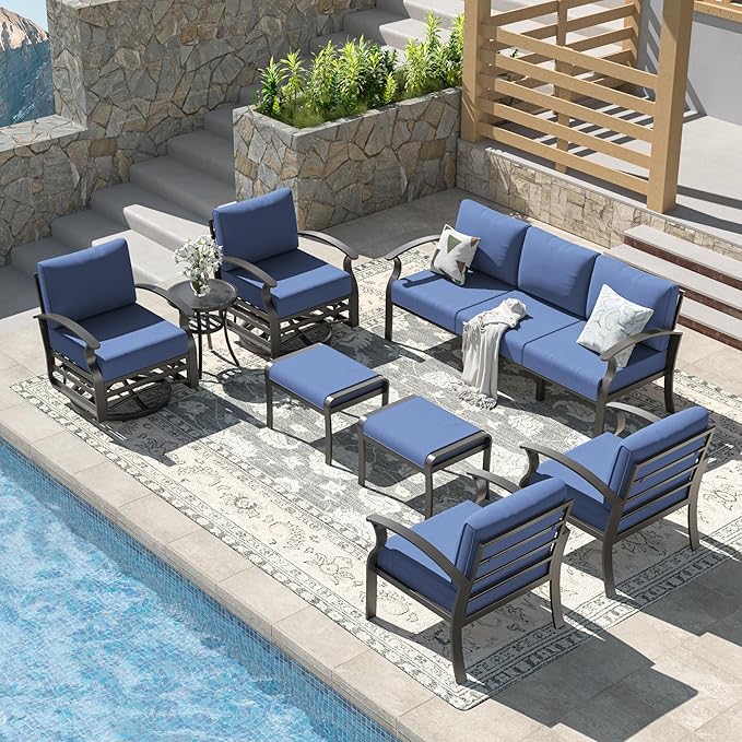 Kullavik Aluminum Patio Furniture Set with 2 Swivel Chairs,9-seat Metal Outdoor Furniture Patio Sectional Sofas Patio Conversation Set w/2 Ottomans for Patio,Backyard,Poolside-Navy Blue