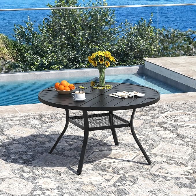 DIFY 5 Piece Outdoor Patio Dining Set for 4, 40.6" Round Dining Table with Umbrella Hole and Stackable Metal Chairs, Patio Table and Chairs Set for Backyard Garden Poolside, Black