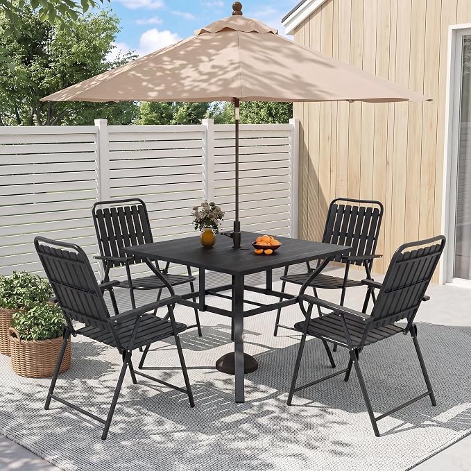 Outdoor Dining Set for 4, Patio Table and Foldable PP Chairs Set with 1.97'' Umbrella Hole, 5pcs Patio Furniture Set 37.8”x37.8” Dining Table Set with No Assembled Chairs for Porch Deck Backyard Pool