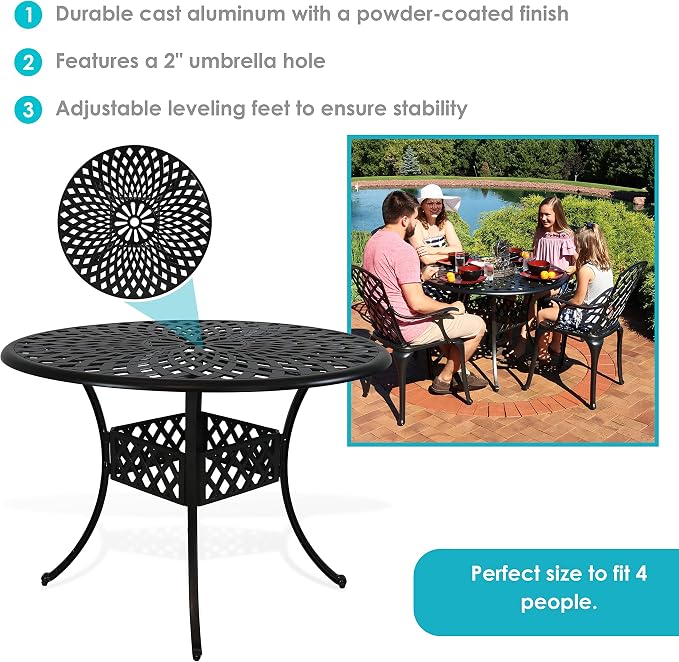 Sunnydaze Decorative Crossweave Cast Aluminum Patio Dining Table with Umbrella Hole - 41-Inch Diameter