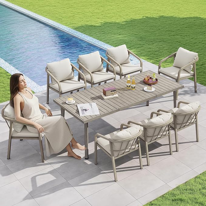 82"×35" Never-Rust Aluminum Outdoor Dining Table – Rectangular Patio Table for 8 Person with Umbrella Hole, Heavy Duty All-Weather for Poolside, Garden, Backyard, Porch, Deck, Gray Oak