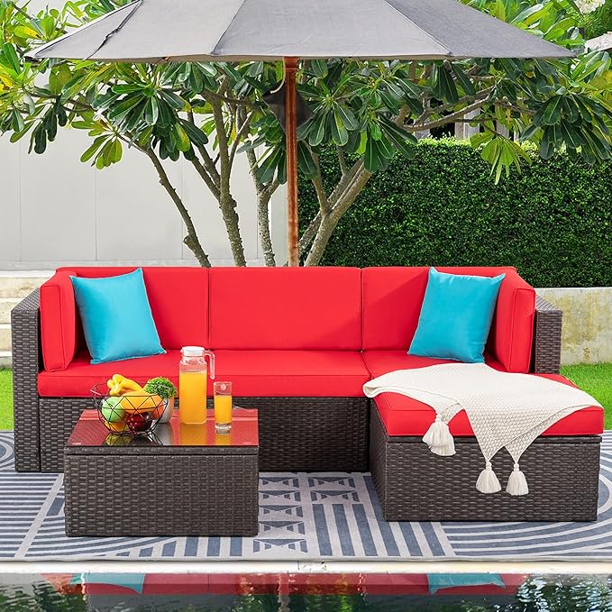 Shintenchi 5 Pieces Patio Furniture Sets Outdoor All-Weather Sectional Patio Sofa Set PE Rattan Manual Weaving Wicker Patio Conversation Set with Glass Table&Ottoman Cushion and Red Pillows, Red