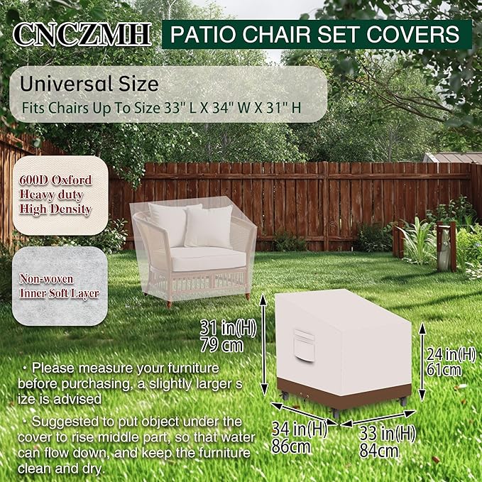 Heavy Duty Patio Chair Covers Waterproof Outdoor, 2 Pack 600D Patio Furniture Covers for Outdoor Rocking Swivel Adirondack Chairs, Lounge Deep Seat 33'' W x 34''D x 24''H/ 31''H Beige Brown