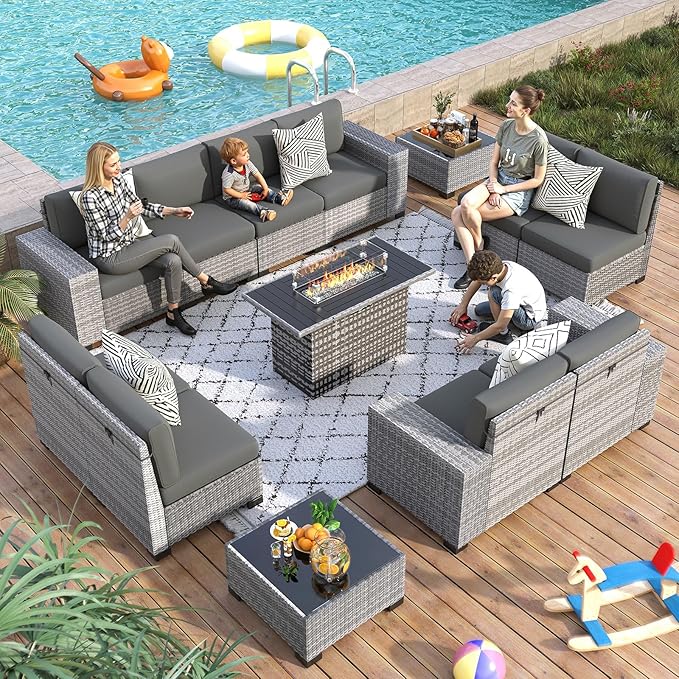 13 Piece Patio Furniture Set with Fire Pit Table, Outdoor Conversation Sets Grey Wicker Rattan Sectional Sofa, 4'' Thickened Cushion Dark Grey