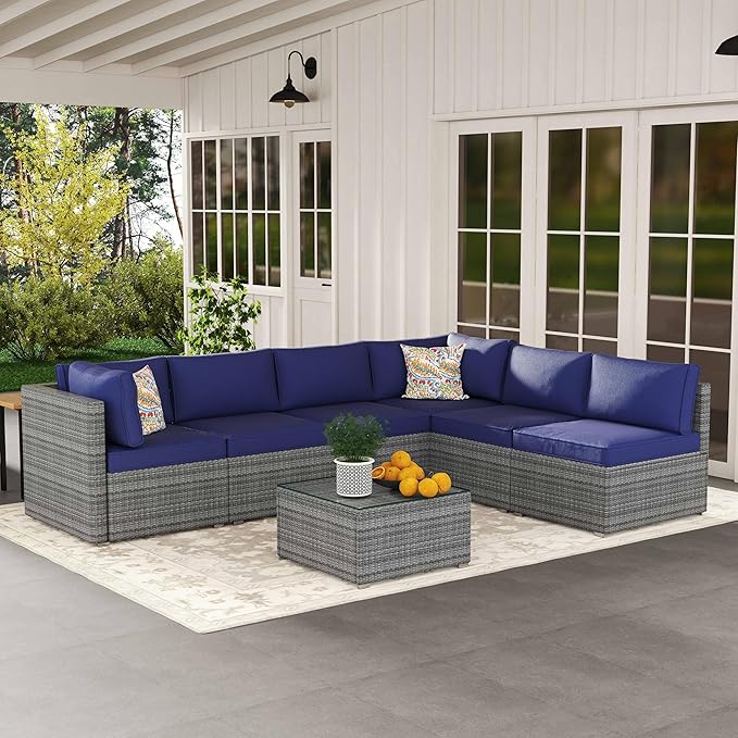 7-Piece Outdoor Patio Furniture Set – Handwoven All-Weather Rattan & 4” Thick Waterproof Cushions, Wicker Outdoor Conversation Sets with Coffee Table for Deck, Backyard, Garden, Blue/Grey