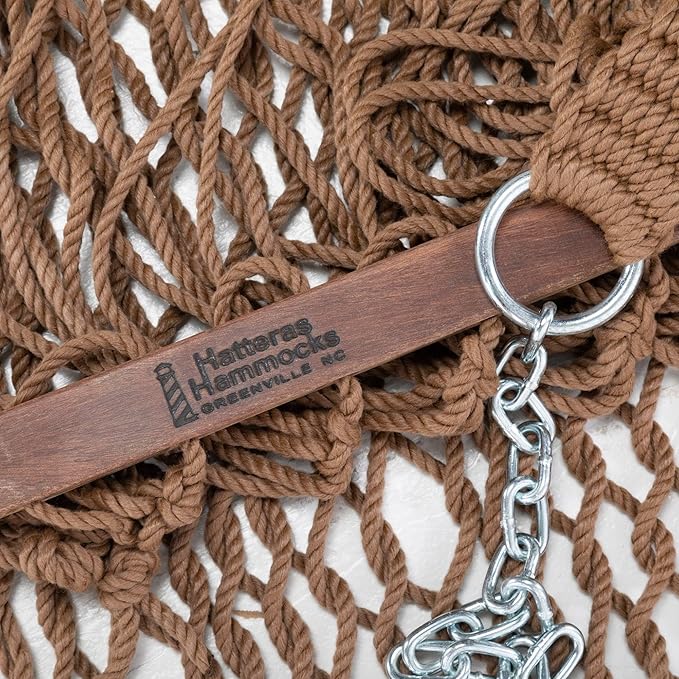 Hatteras Hammocks Large Antique Brown DuraCord Rope Hammock – 13 ft. x 55 in., 2-Person, 450 lb Capacity, Cumaru Spreader Bar, Zinc-Plated Hardware – Handcrafted in The USA