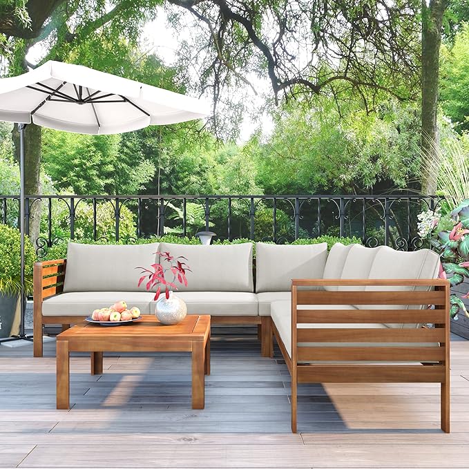 Patio Furniture 4 Pieces Conversation Sets, Acacia Wood Outdoor Sectional Furniture Conversation Sets with Cushions and Coffee Table for Garden Backyard Balcony and Porch (Beige)